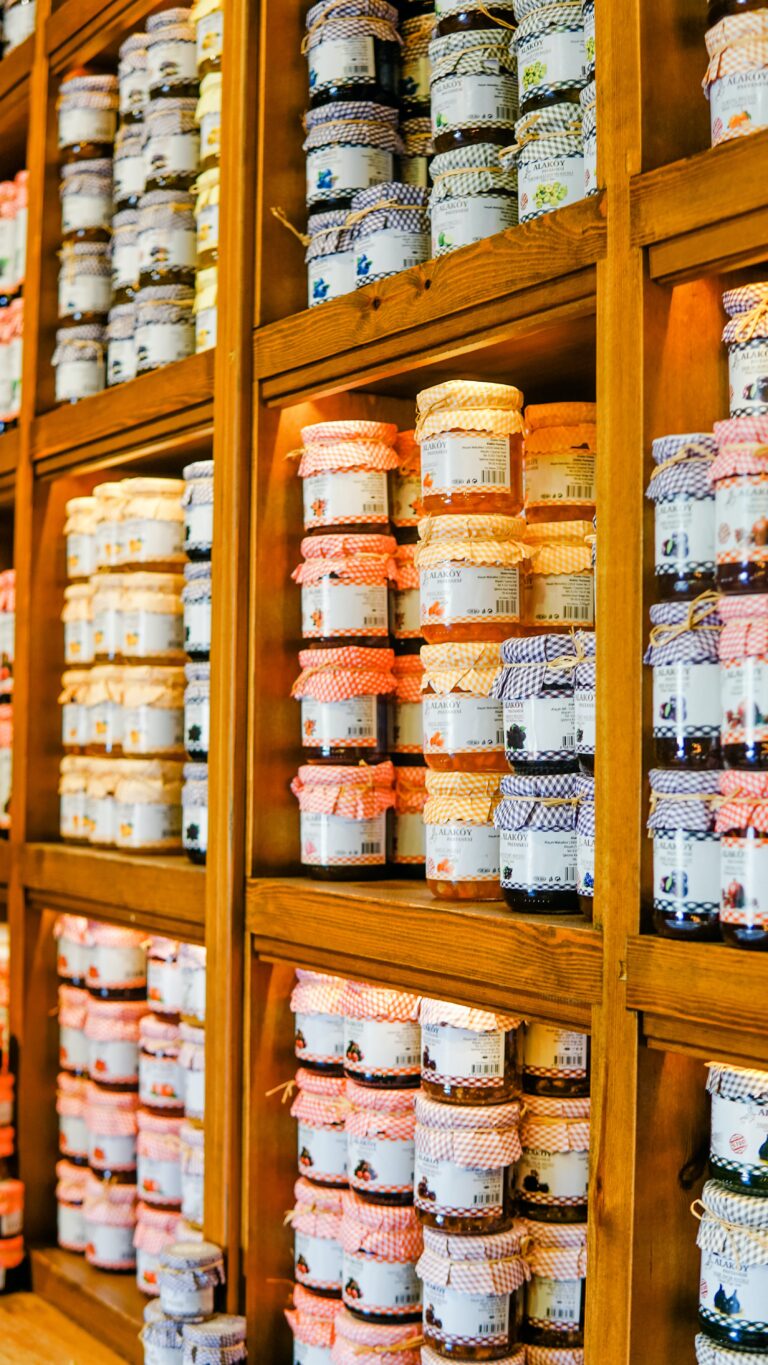 Shelves with Jars of Jam and Marmalade preventing what do mice eat